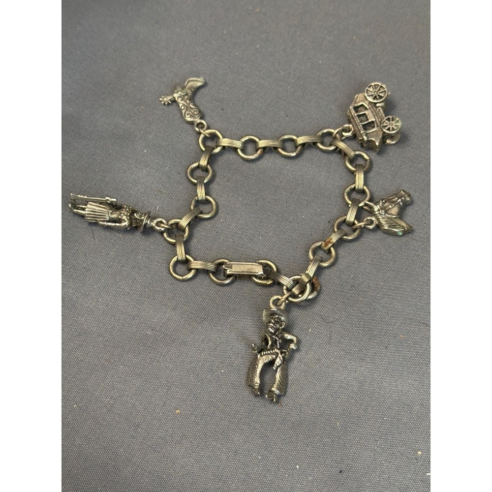 Vintage Western Charm Bracelet Silver Tone Cowboy Horse Stagecoach Boot 7 Inch